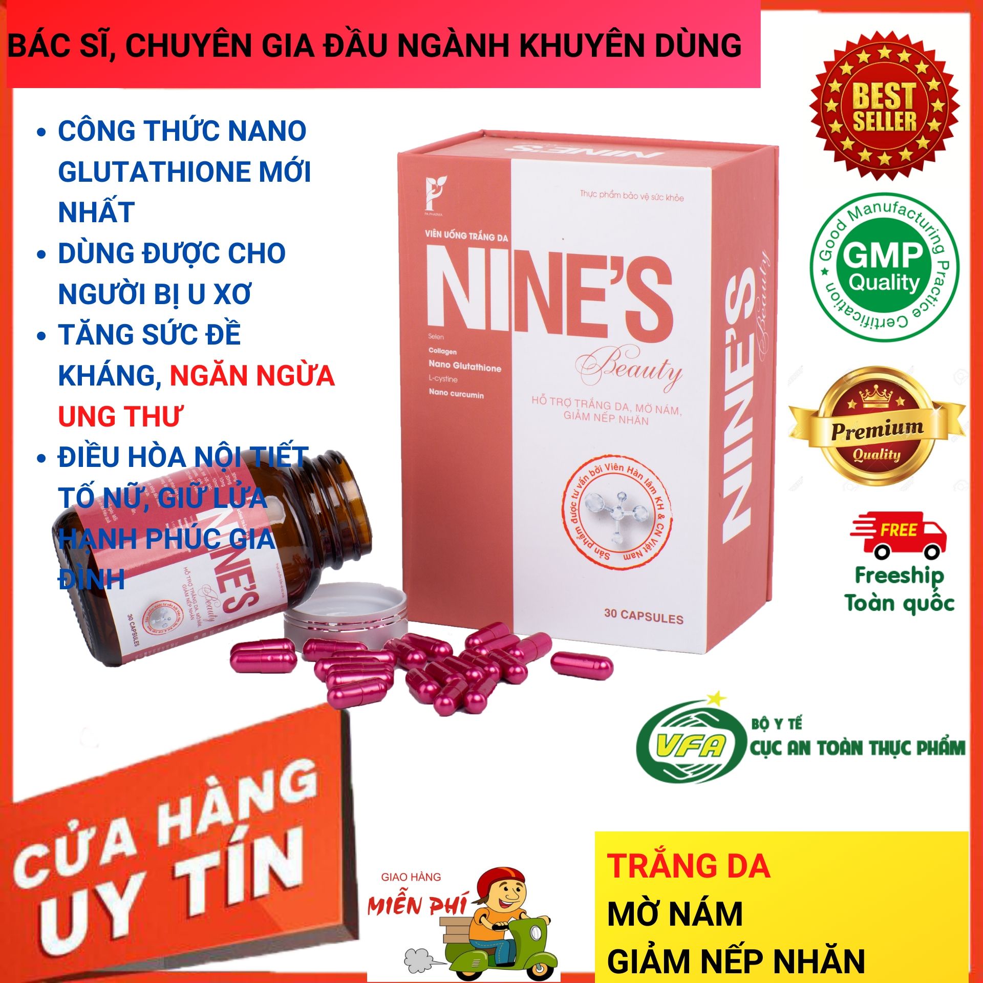 Viên uống trắng da Toàn Thân Nine's Beauty 30 viên Hỗ trợ trị Nám, Tàn Nhang, Giảm Nếp Nhăn, Cân bằng Nội Tiết Tố Nữ, Chống Lão Hóa, hỗ trợ thải độc, mụn nội tiết, đau bụng kinh, ngăn ngừa ung thư, ngủ ngon nano glutathione collagen curcumin