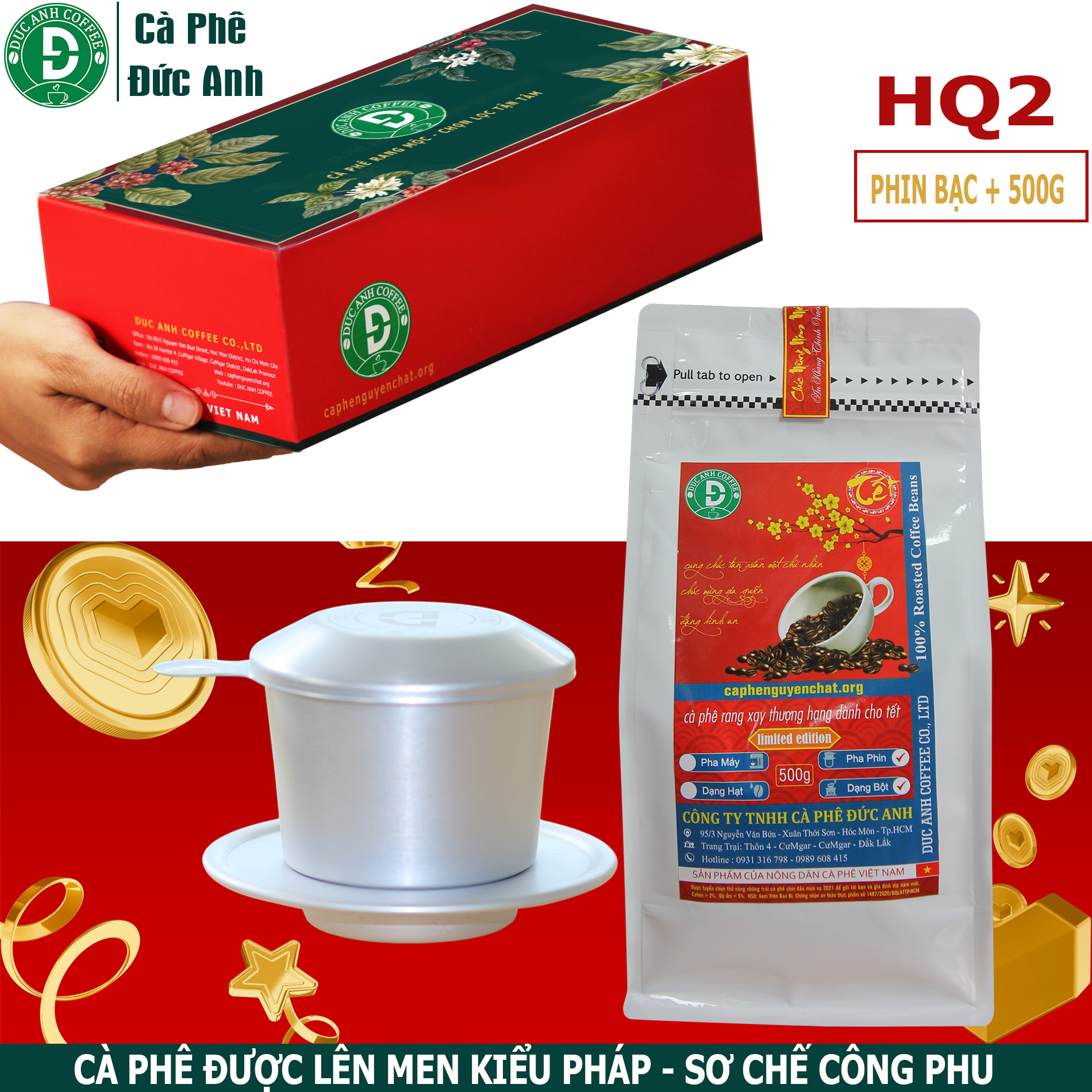 HỘP QUÀ TẾT bản đặc biệt - gói 500g cà phê rang mộc Thịnh Vượng và phin bạc cao cấp - cà phê nguyên chất Đức Anh - có túi đựng sang trọng đẳng cấp