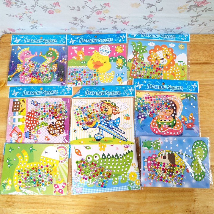 combo 10 Tranh đính đá, tranh dán đá A5 (15 x 19cm), đồ chơi thủ công, đồ chơi cho bé