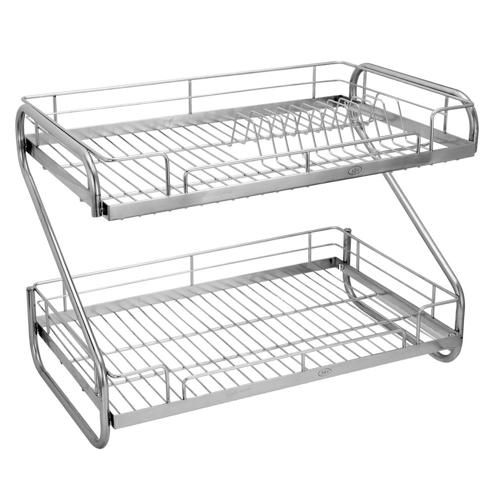 Kệ úp chén dĩa chữ s 2 tầng inox 304 cao cấp có khay hứng nước - gd115a