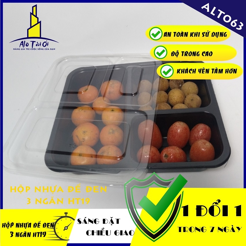 Hộp đựng cơm 3 ngăn ht19 - 50 hộp đế đen alt063 - đựng cơm văn phòng, mỳ xào, salat...
