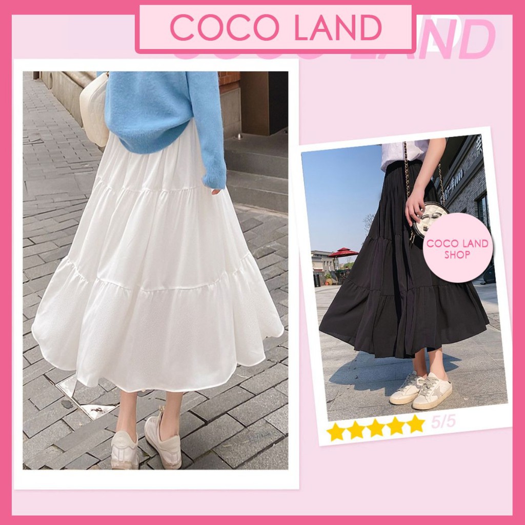 Chân váy tầng from dài Coco land Skirt from chuẩn dễ mix có 2 màu trắng và đen chất liệu vải tằm xước có lót trong lưng thun