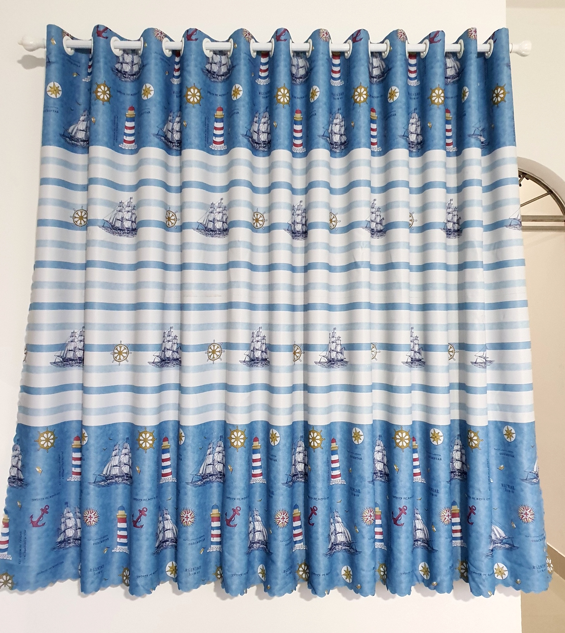 (Có kèm video sản phẩm)Rèm cửa sổ, cửa phòng ngủ chống nắng giá rẻ, màn cửa sổ hoạ tiết con thuyền, màu xanh TNS-017