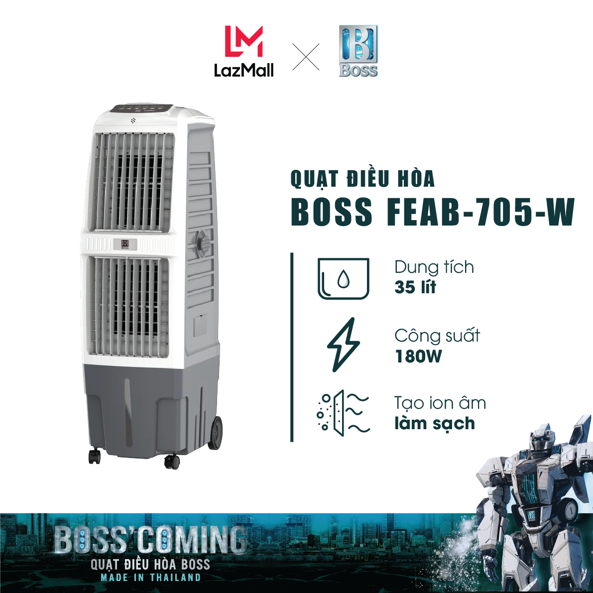 [Trả góp 0%]Quạt điều hòa Boss FEAB-705-W - 35 lít - 180W | Bảo hành 12 tháng chính hãng | Made in Thailand