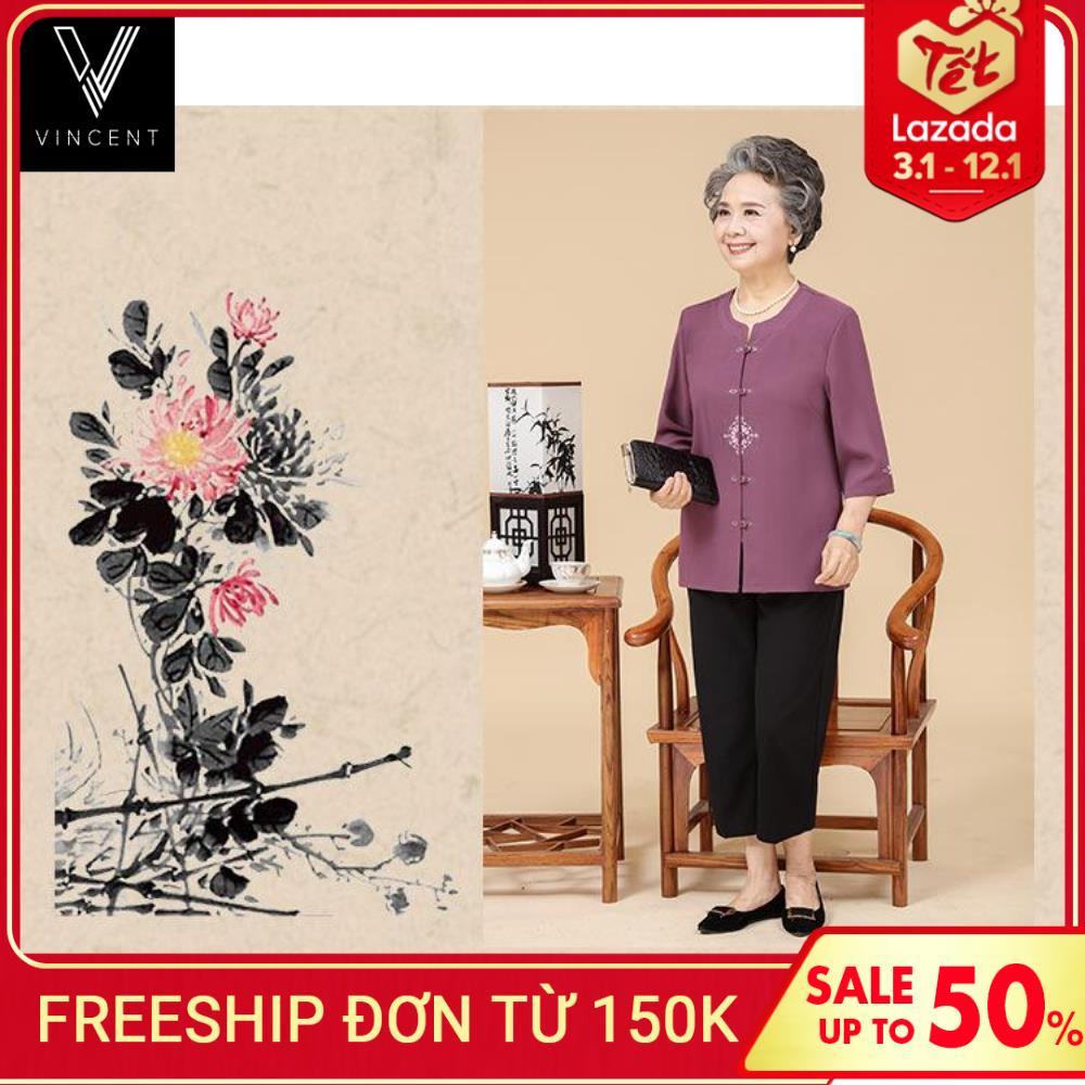 Bộ Quần Áo Cho người già Chất Liệu Thoáng Mát 3 Màu Tím Đỏ Xanh Chất liệu co giãn 4 chiều