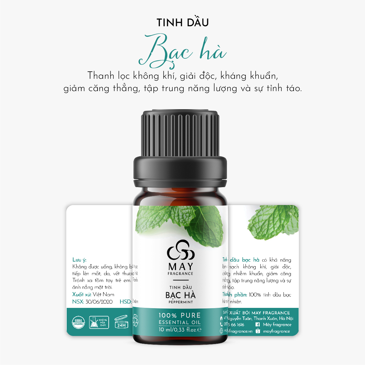 Tinh dầu Bạc hà thiên nhiên nguyên chất thơm phòng May Fragrance lọ 10 ml (23 loại) | Có kiểm nghiệm GC - MS