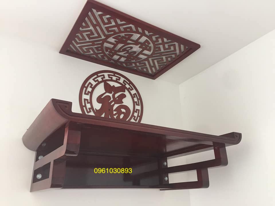 bàn thờ treo gỗ sồi kt 48x69 mẫu chân thang kèm chắn khói và chữ tròn