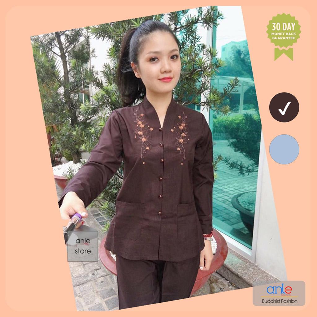 Đồ lam đi chùa BỘ BÀ LAI VẢI TÔN MÁT - Quần áo lam đi chùa Phật tử Bà lai Thêu Hoa hai bên Trang nhã Kín đáo - Bộ đồ đi chùa Vải Tôn Mềm Thoáng mát Không nhăn -- BBLT1AN - Anle Store