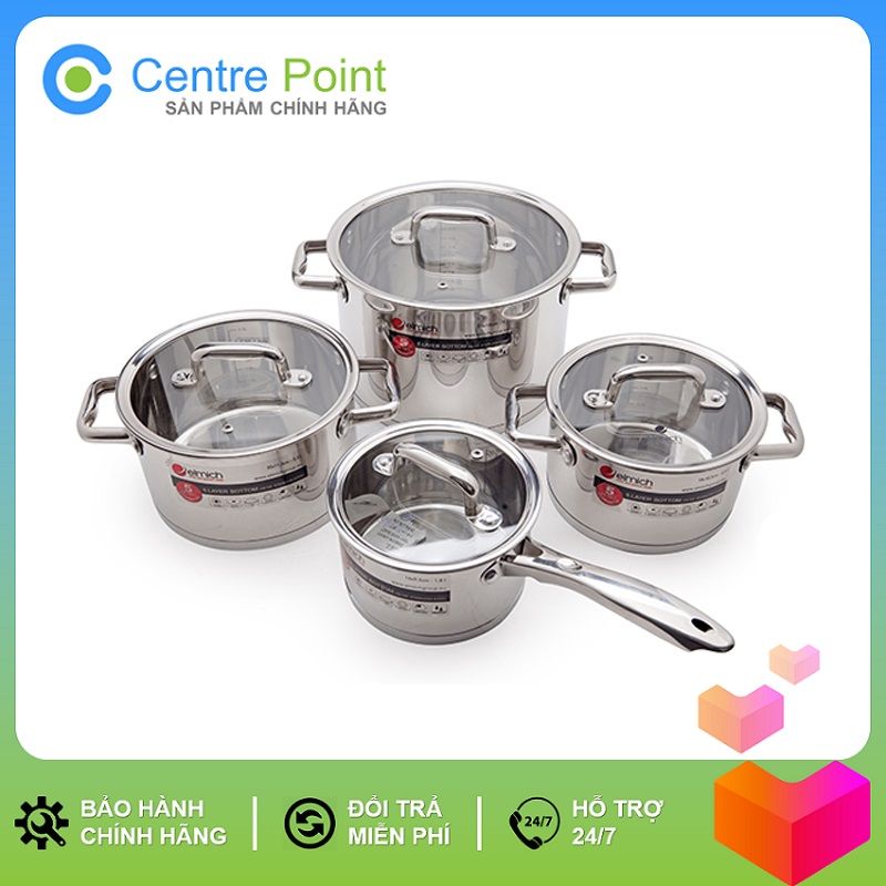 Bộ 4 nồi inox 5 đáy nắp kính cao cấp elmich el-3670 - chất liệu inox 304 - sử dụng bếp từ - bảo hành 5 năm - nhập khẩu châu âu