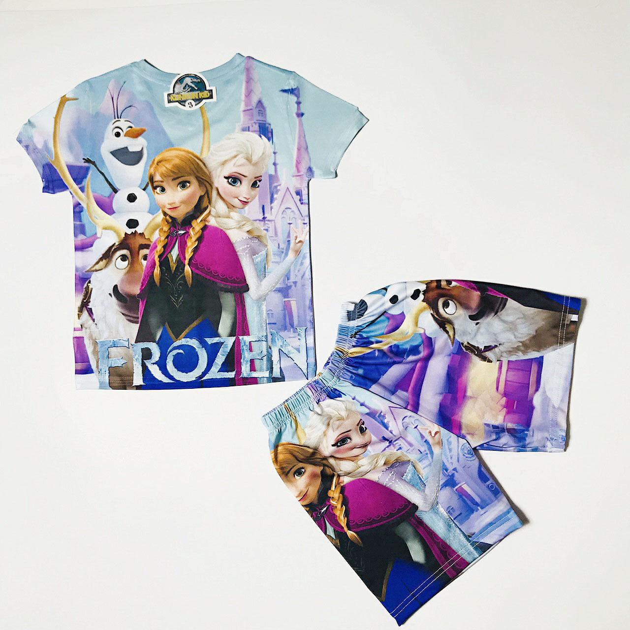 Bộ Quàn áo Thun Bé gái In 3D Hình ELSA Xanh