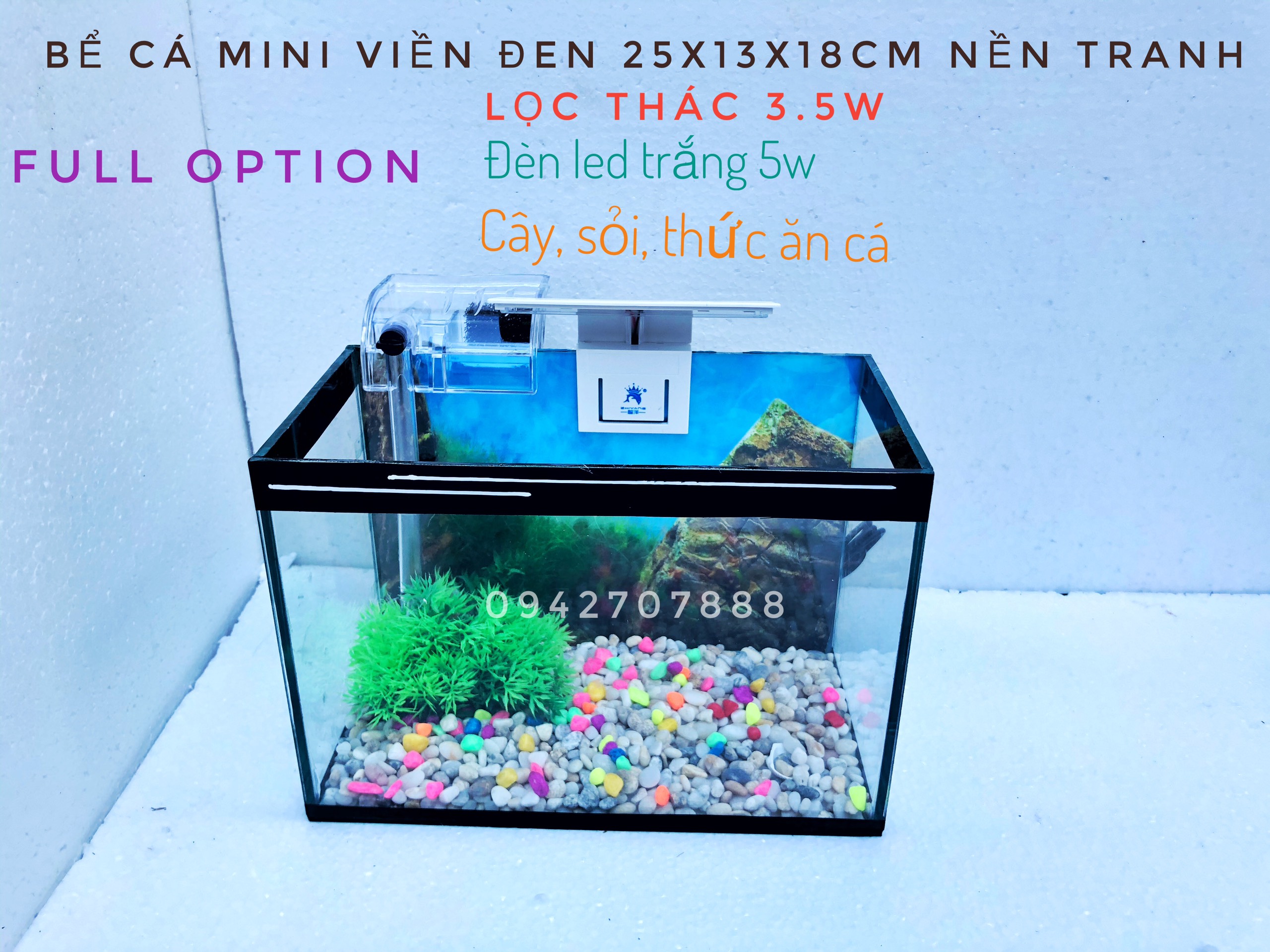 Full Option Bể cá cảnh 25*13*18cm DRC tranh phông nền kèm phụ kiện Đèn và Lọc thác bể cá mini
