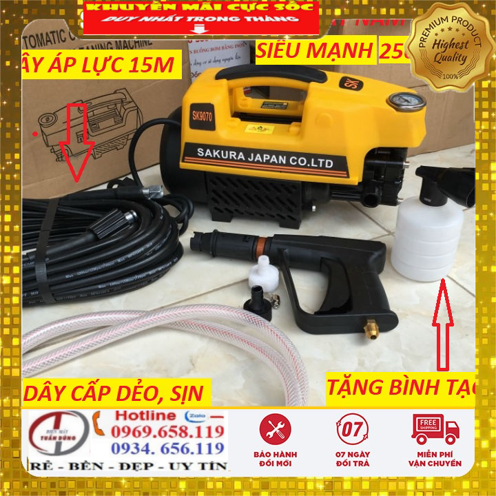 Máy rửa xe sakura 2500w loại đại sk-9070 -dây 15m phụ kiện dành cho mọi loại xe ô tô và xe máy