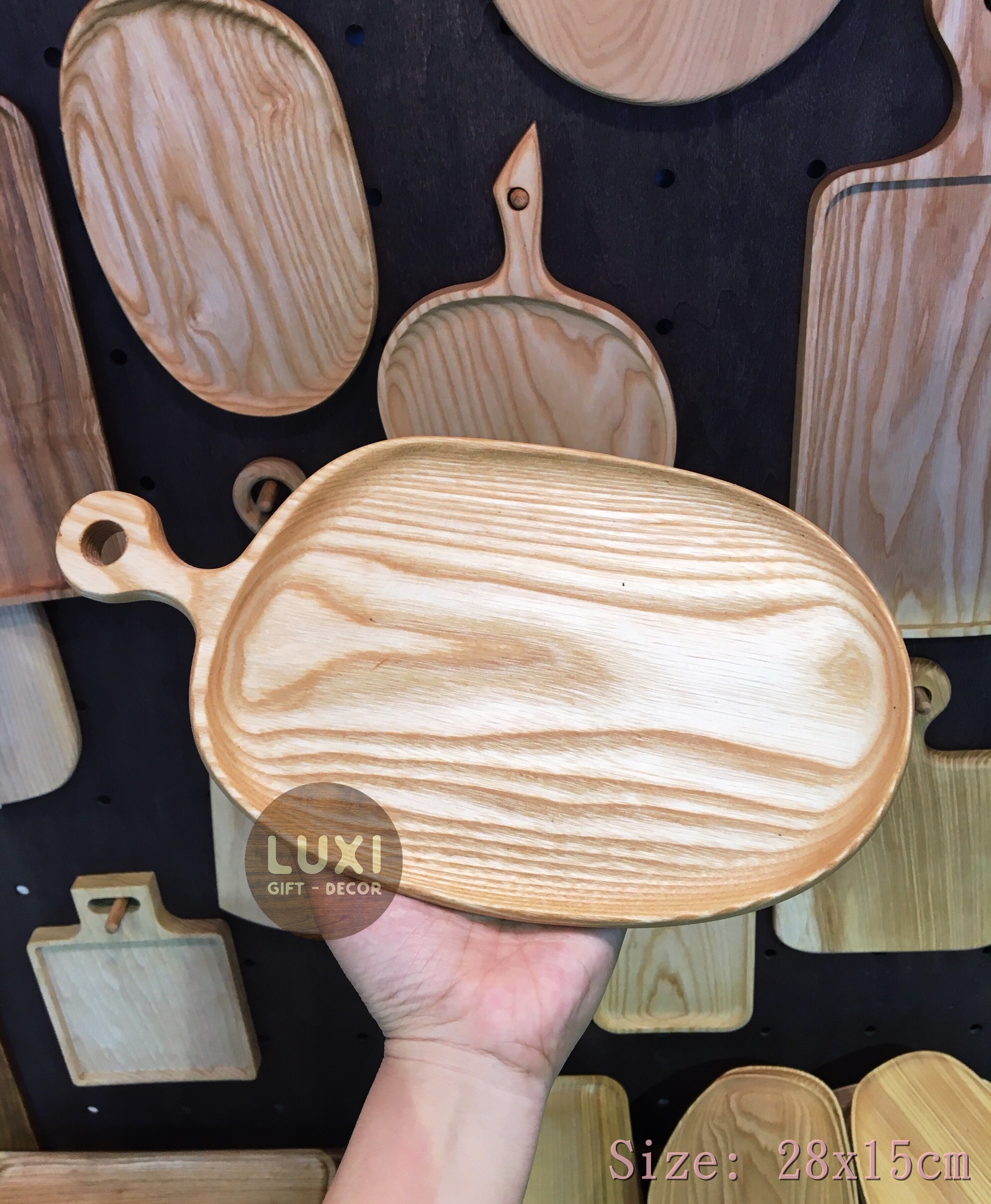 Khay - Thớt gỗ lệch có tay cầm decor 28 (KT: 28x15cm)