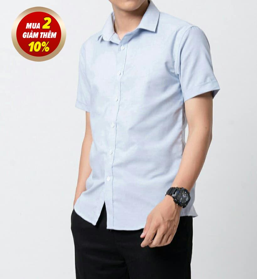 Áo sơ mi nam ngắn tay Oxford Cotton cao cấp dáng ôm body màu xanh nhạt