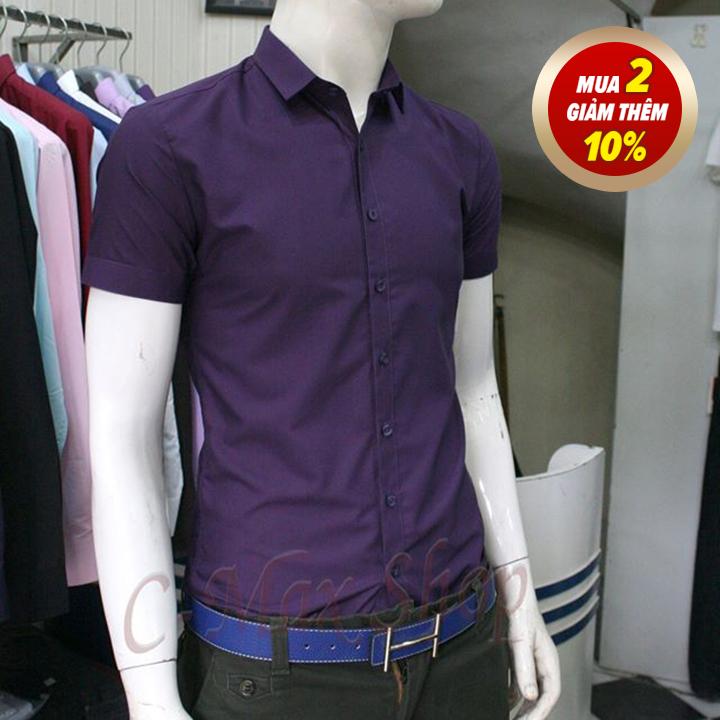 Áo sơ mi nam ngắn tay nf dáng ôm body vải lụa thái không nhăn