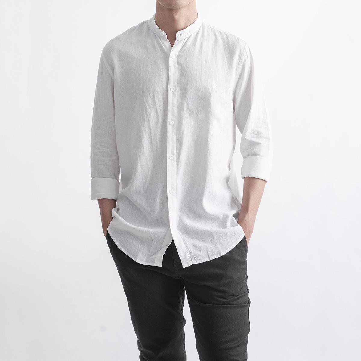 Routine 04 áo sơ mi nam cổ tàu - mẫu sơ mi nam cổ trụ linen dài tay