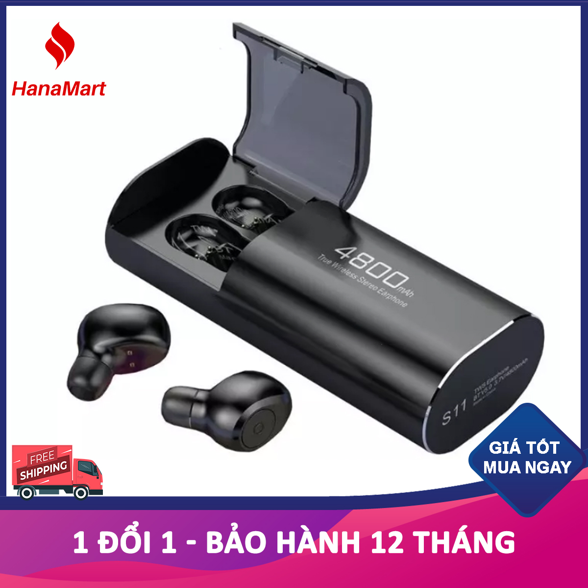 Tai nghe Bluetooth S11 AMOI cho điện thoại iphone Android- Kiêm pin sạc dự phòng - Pin trâu hơn i7 i9 i11 i12- HanaMart
