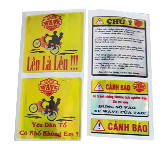 Tem decan 4 miếng Cảnh báo như hình dán xe máy, ô tô loại tem decan dán xe nổi màu vàng bóng