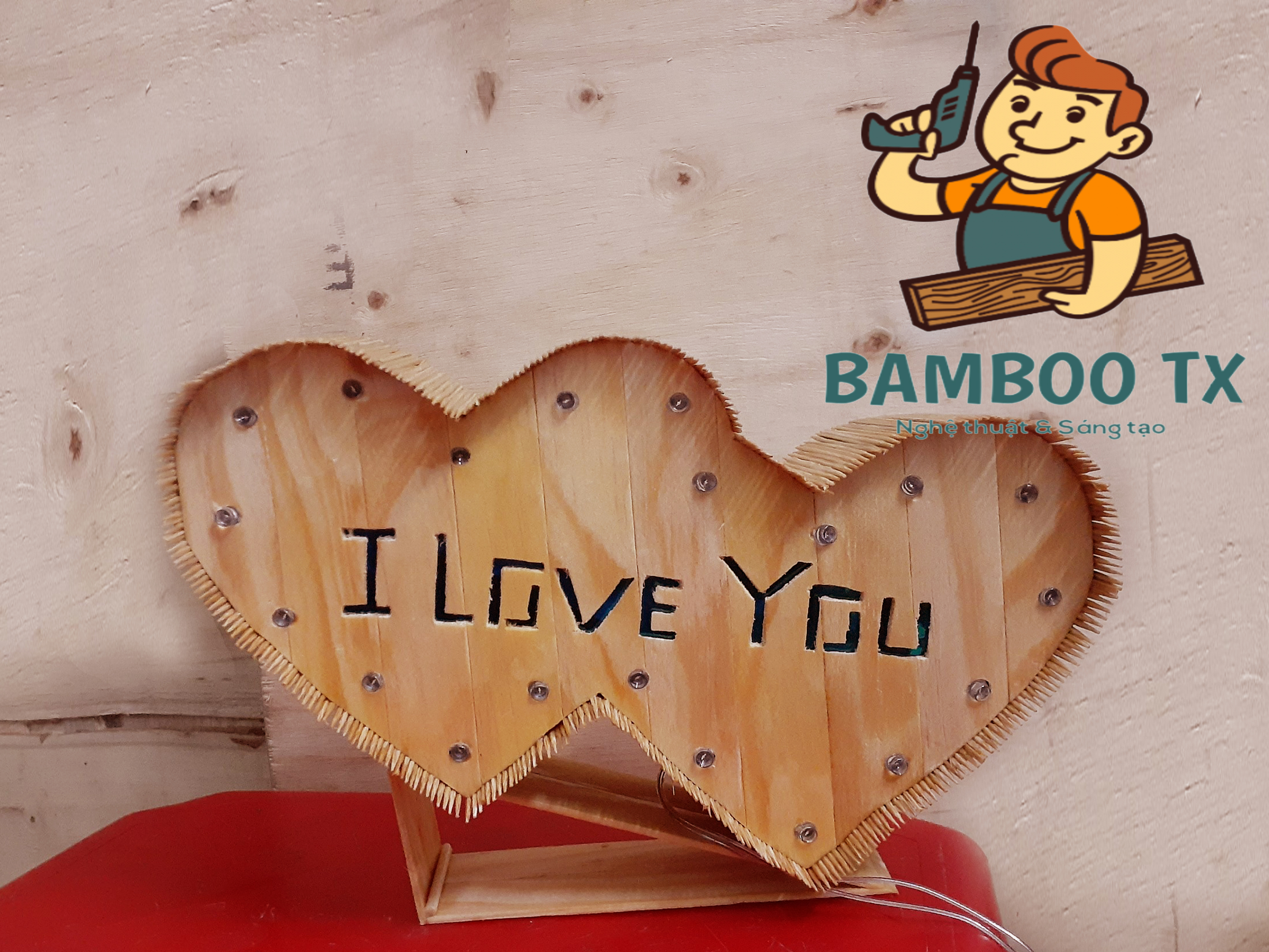 Khắc chữ theo yêu cầu - Mô hình trái tim đôi - Tăm tre Handmade - có Led - Bamboo TX 0503