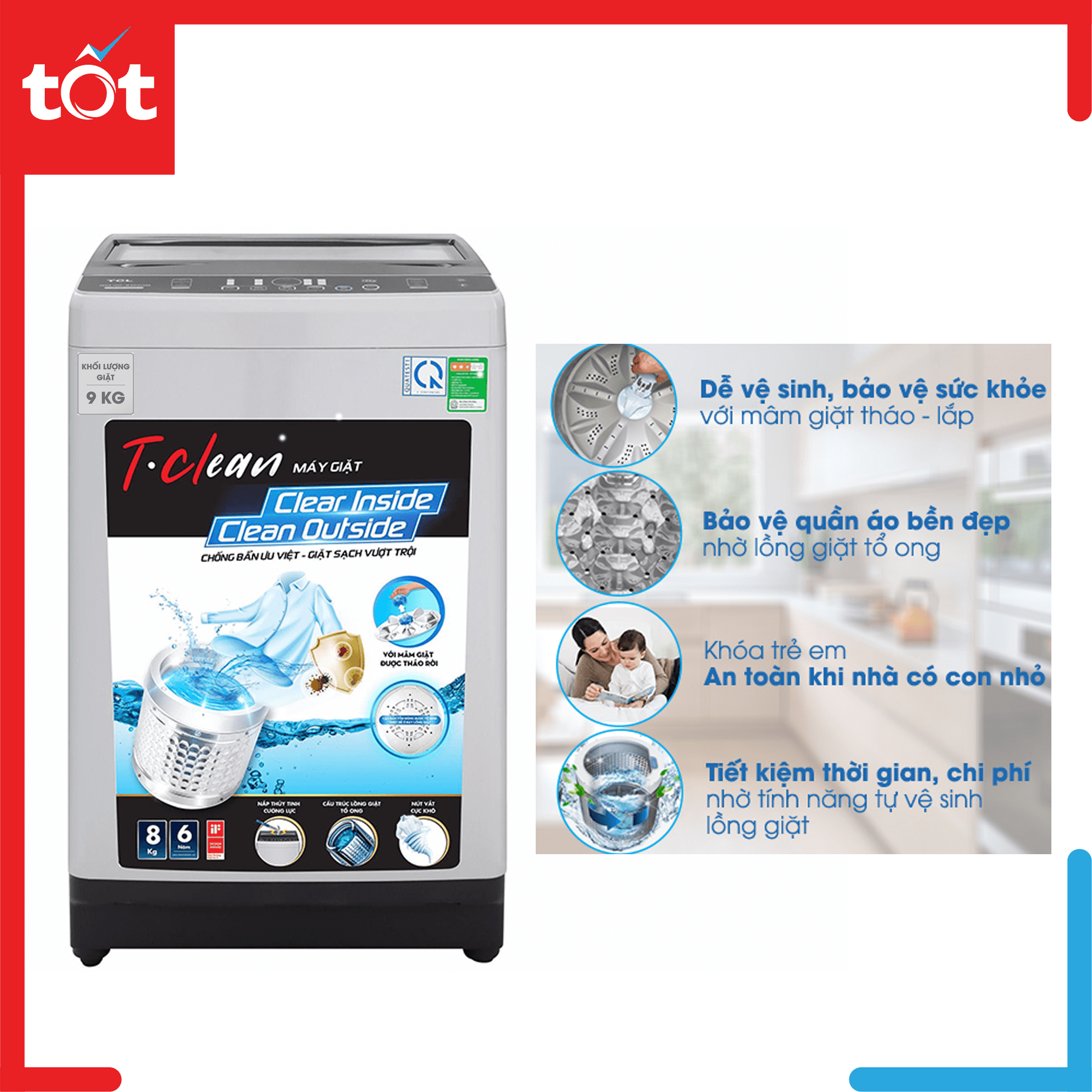 Máy giặt TCL 8kg TWA80-B302GM, tiết kiệm thời gian và chi phí nhờ tính năng vệ sinh lồng giặt tự động