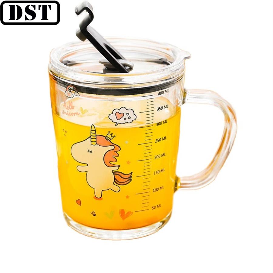 Cốc Pha Sữa Cho Bé Chia Ml Ly thủy tinh in hình dễ thương có nắp chống tràn, Cốc thủy tinh có quai, Ly thủy tinh, Bình thủy tinh có chia ml tiện lợi