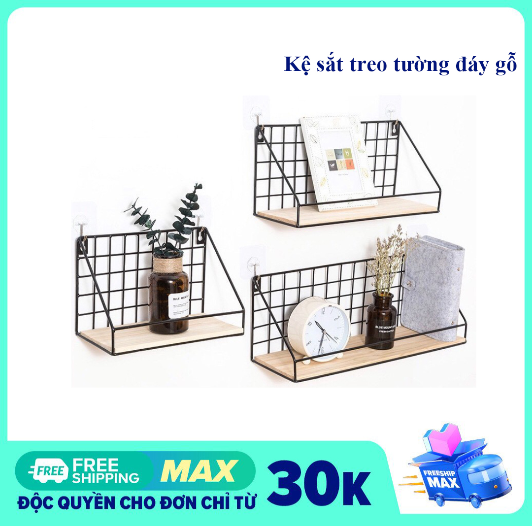 Kệ treo tường trang trí giá kệ sắt đáy gỗ có rào chắn trang trí phòng khách nhà bếp ke treo tuong