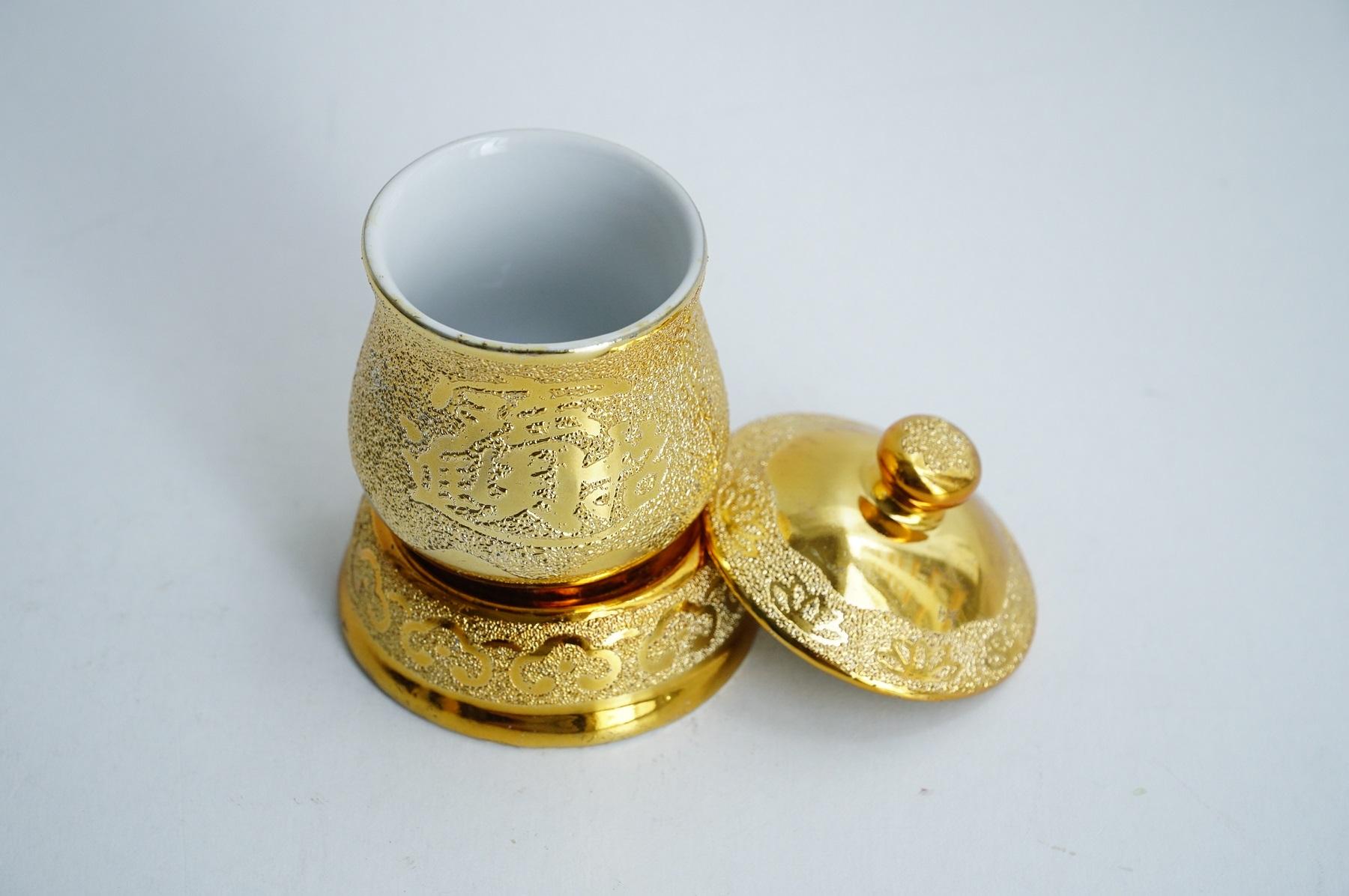 Ly nước thờ cúng sen xanh tươi có nắp và đế riêng - Cao 10cm