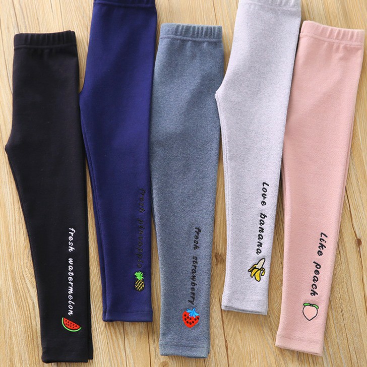 Quần legging chất cotton thêu hình hoa quả cho bé gái (12-32kg)