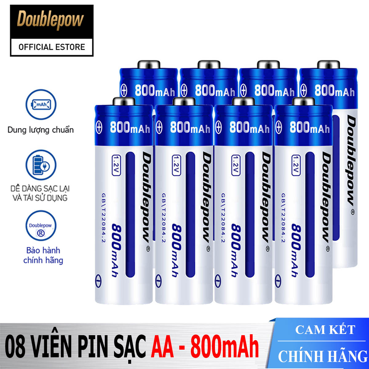 [Hộp 8 viên] Pin tiểu sạc AA 800mAh Doublepow cao cấp (pin xanh) - Bảo hành chính hãng