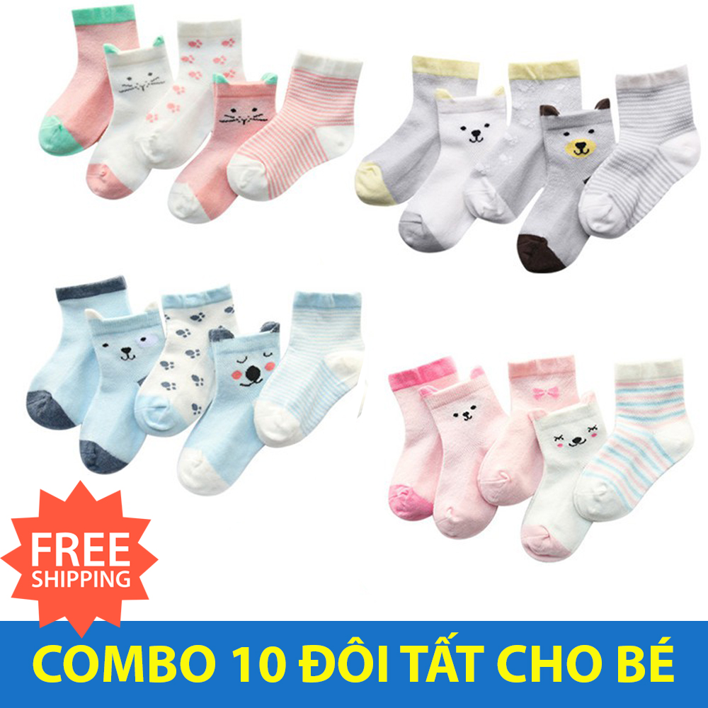 Tất lưới cho bé - Tất mùa hè cổ cao vải cotton thông thoáng mền mại - Set 10 đôi