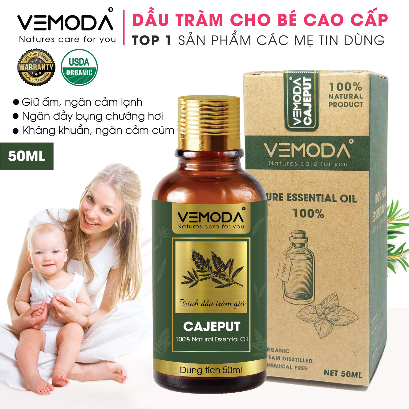 Dầu tràm cho bé cao cấp an toàn. Tinh dầu tràm gió Vemoda giúp giữ ấm, kháng khuẩn và chăm sóc bé yêu
