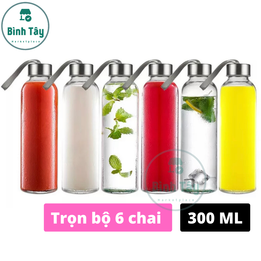 Bình đựng nước thuỷ tinh có nắp kèm dây xách dung tích 300ml BT-A030
