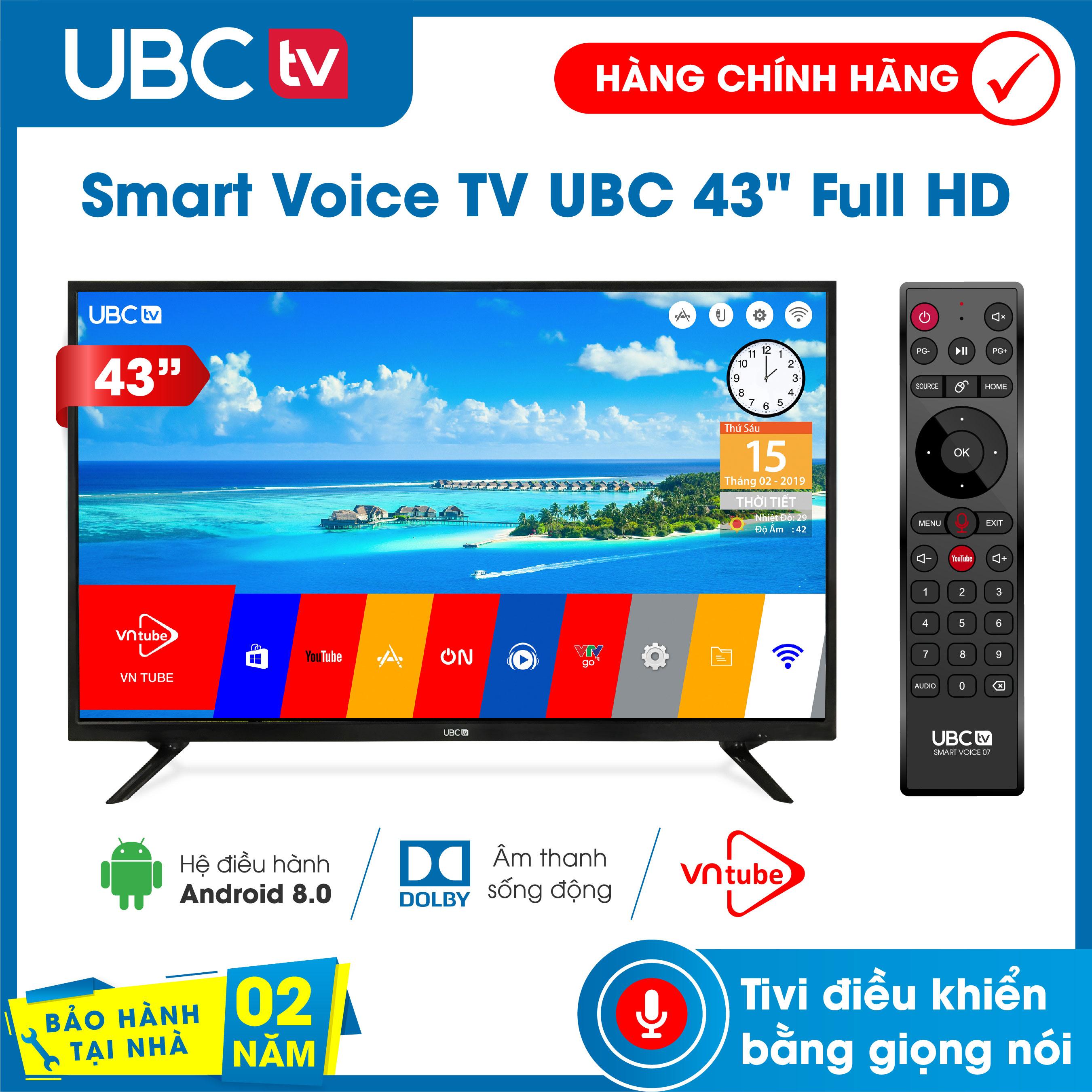 Smart tivi UBC FULL HD 43inch Android 8.0 tìm kiếm giọng nói tính năng bảo vệ trẻ em remote 2 in 1 kèm tính năng chuột bay Model UB43V700 - Bảo Hành 2 năm tận nhà Dò kênh tự động Free-to-Air âm thanh Dolby