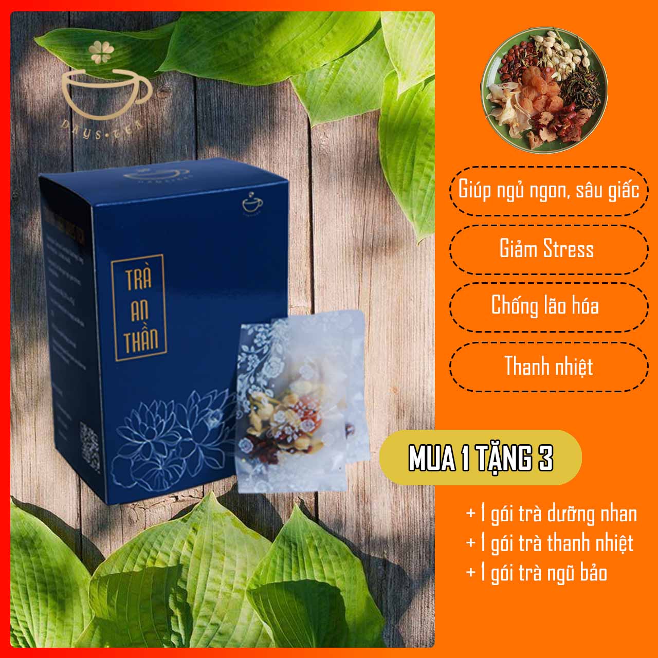 Trà An Thần, 20 gói - Giúp ngủ ngon, sâu giấc, thanh nhiệt cơ thể, giảm stress, chống lão hóa - Mua 1 hộp tặng 1 gói trà dưỡng nhan, 1 gói trà thanh nhiệt, 1 gói trà ngũ bảo