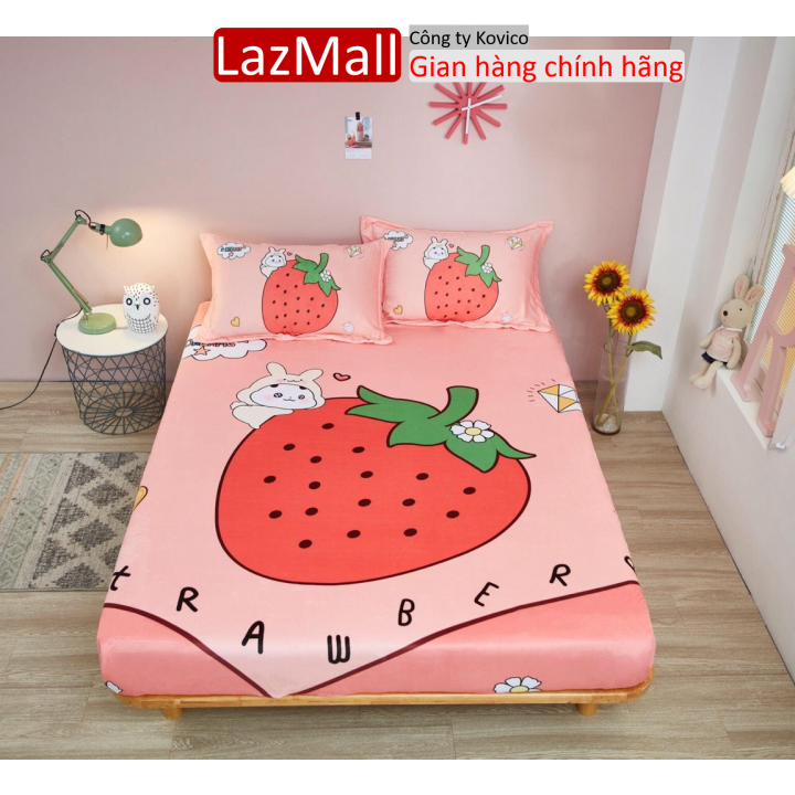 Bộ ga gối nỉ nhung da cá haco 3 món,gồm 1 ga 2 vỏ gối nằm mẫu quả dâu tây Sunzin  Kho chăn ga gối, ga giường, drap giường