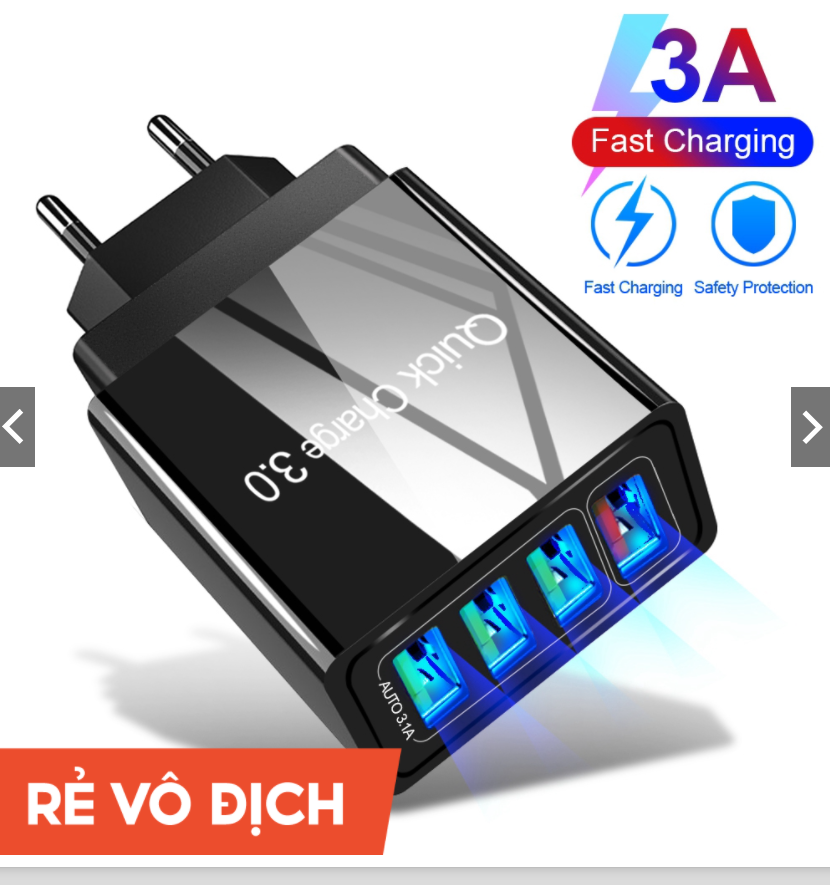 Củ Sạc Nhanh Chuẩn Quick Charge 3.0 18W , Đèn Led Định Vị Ban Đêm, Chip Sạc An Toàn, Sạc Được 4 Thiết Bị, củ cục sạc iphone ipad, cốc sạc điện thoại, củ sạc nhanh chuẩn qualcomm 4 usb Samsung Xiaomi Oppo