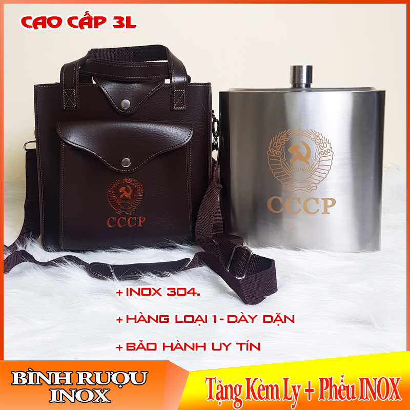 (3 Ngày Miễn Ship + Tặng Quà) Bình đựng rượu inox cccp logo vàng cao cấp 3L dày 0.8mm + 1 bao da + 1 phễu