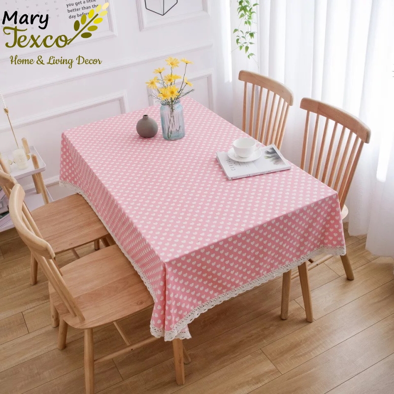 Khăn trải bàn tròn, chữ nhật, oval Mary Texco vải lanh cotton viền ren chất lượng cao - họa tiết Trái tim trắng nền hồng - KB-I05