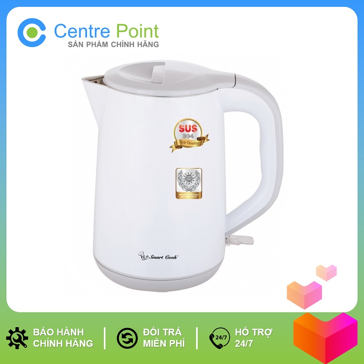 Ấm điện đun nước/ bình đun siêu tốc 2 lớp smartcook kes-0219 1.2l - công suất 1500w - đế xoay 360 độ - bảo hành 12 tháng