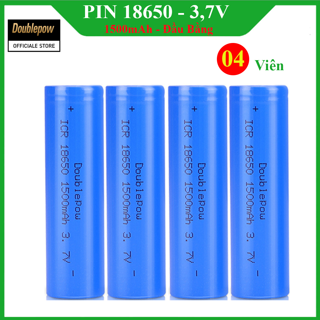 [04 viên] Pin 18650 - 3,7V sạc lại Doublepow - 1500mAh đầu bằng Doublepow, pin dung lượng thực - Pin chính hãng