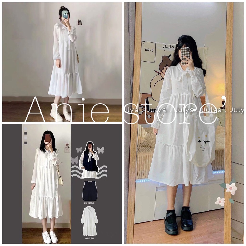 Váy Babydoll Trắng Nơ Ngực 🦋 Đầm Nữ Tay Bồng Dáng Suông 🦋