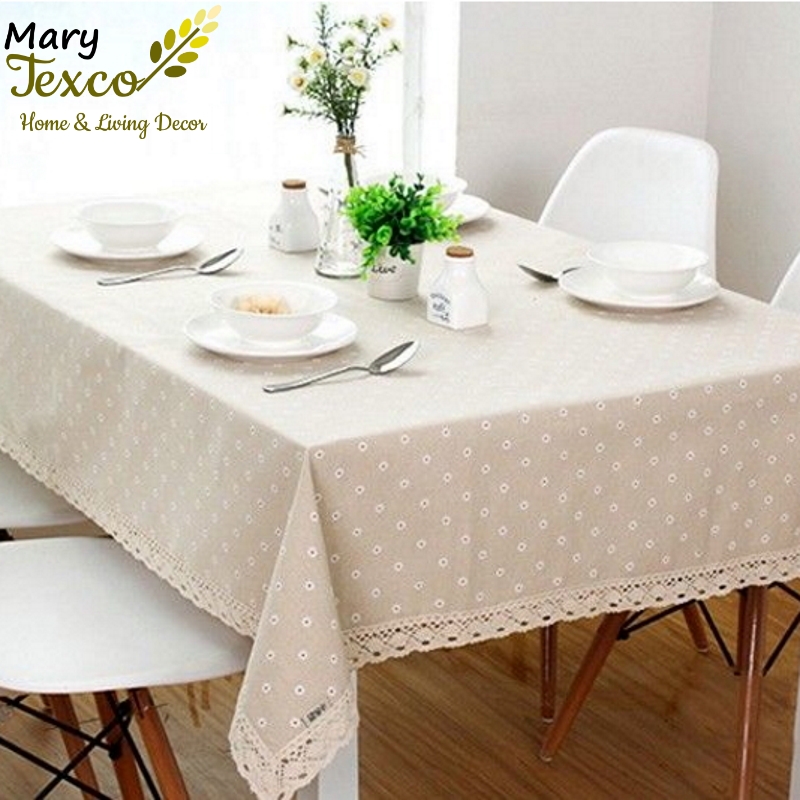 Khăn trải bàn caro Mary Texco trang trí vải bố linen đậm chất vintage - họa tiết Hoa cúc trắng - KB-I02