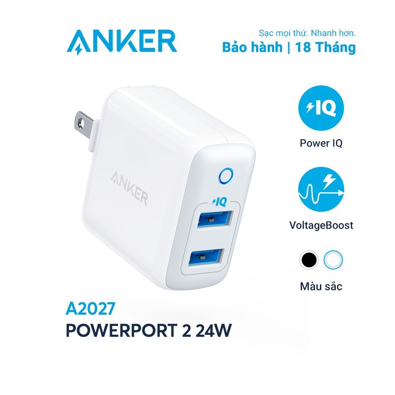 Sạc ANKER PowerPort II 2 cổng PowerIQ 24W - A2027 - Hàng Chính hãng - Củ sạc iphone