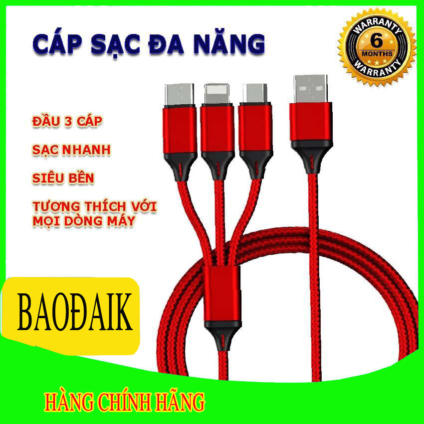 Cáp sạc đa năng 3 đầu Lightning - MicroUSB - Type-C dài 1m2 sạc 3 thiết bị cùng một lúc.Cáp Sạc Nam Châm,Cáp Sạc Iphone,Cáp Sạc Type C,Cáp Sạc Sam Sung,Cáp Sạc Nhanh.