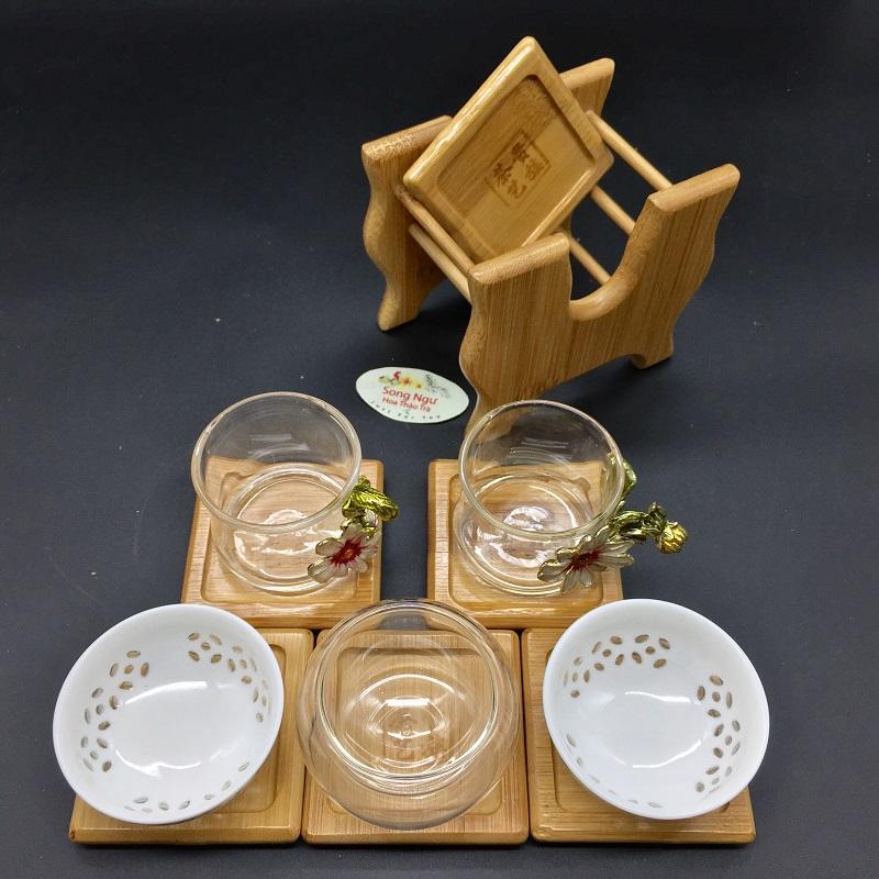 Bộ 6 cái lót ly( chén) bằng tre 2 mẫu- SONG NGƯ HOA THẢO TRÀ