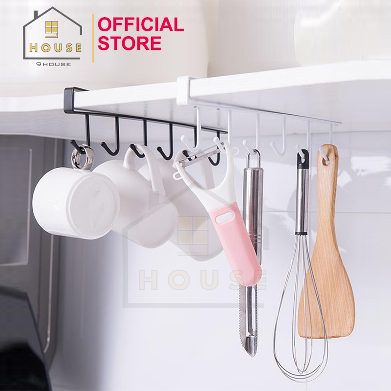 Móc treo đồ dụng cụ nhà bếp kẹp tủ bếp để gắn trên tủ bếp làm giá treo đồ đa năng có thể treo tủ quần áo treo cốc nhà bếp chất liệu kim loại sơn tĩnh điện bền đẹp vừa mọi loại ván tủ loại 6 móc