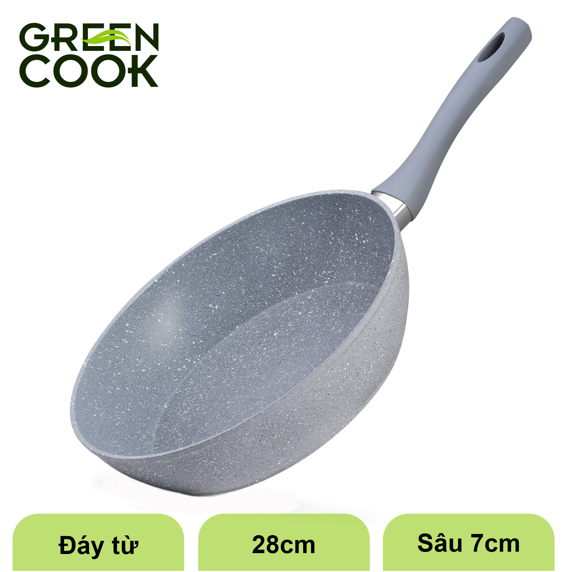Chảo đáy từ vân đá chống dính sâu lòng GREEN COOK GCP02-28IH 28 cm tay cầm chịu nhiệt - Hàng chính hãng greencook. An toàn khi sử dụng, dễ dàng chùi rửa