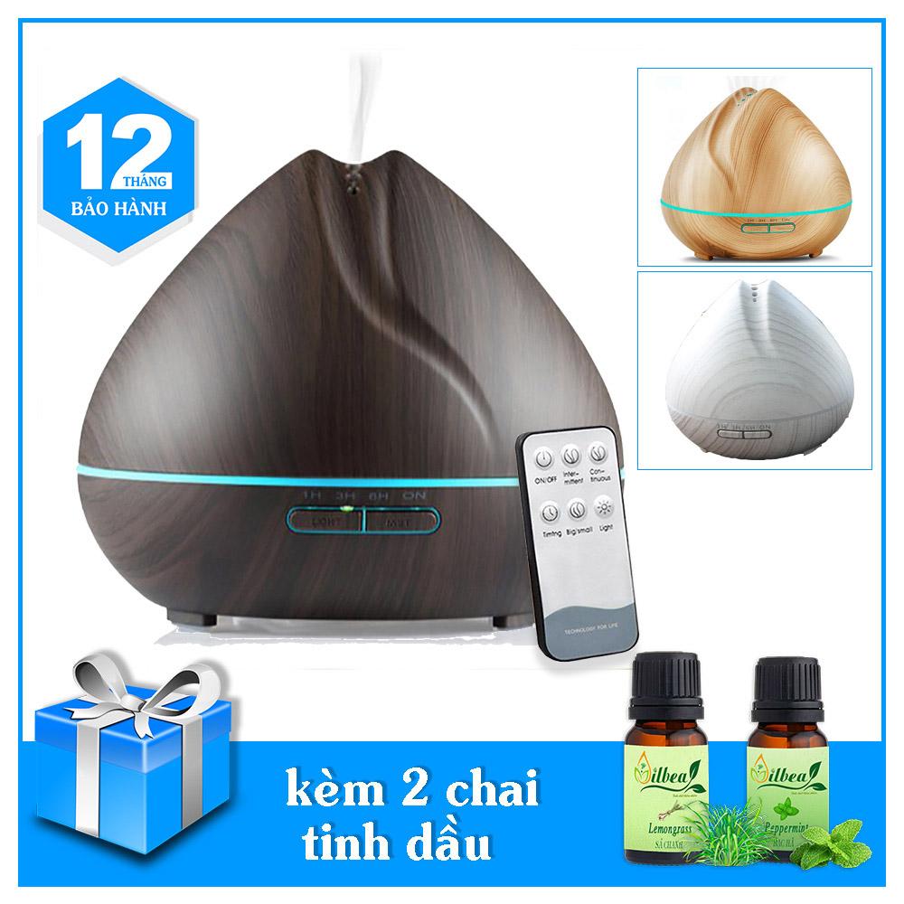 Máy khuếch tán tinh dầu búp sen loại lớn 550ml có remote điều khiển kèm 2 chai tinh dầu bạc hà và sả chanh 10ml