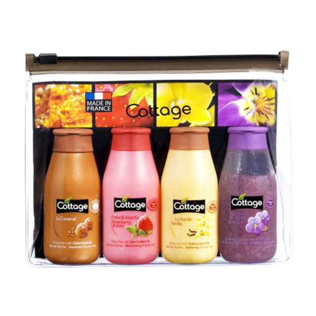 Bộ 4 chai sữa tắm Cottage Pháp 50ml tặng kèm bông tắm cao cấp có túi