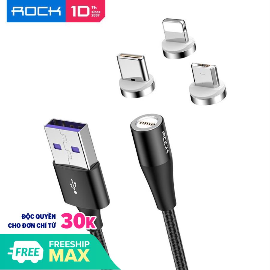 CÁP SẠC TỪ - CÁP SẠC NAM CHÂM  ROCK G1 TÍCH HỢP SẠC NHANH 3A KÈM 3 ĐẦU MICRO USB, LIGHTNING, TYPE C- Phân phối bởi Vietstore
